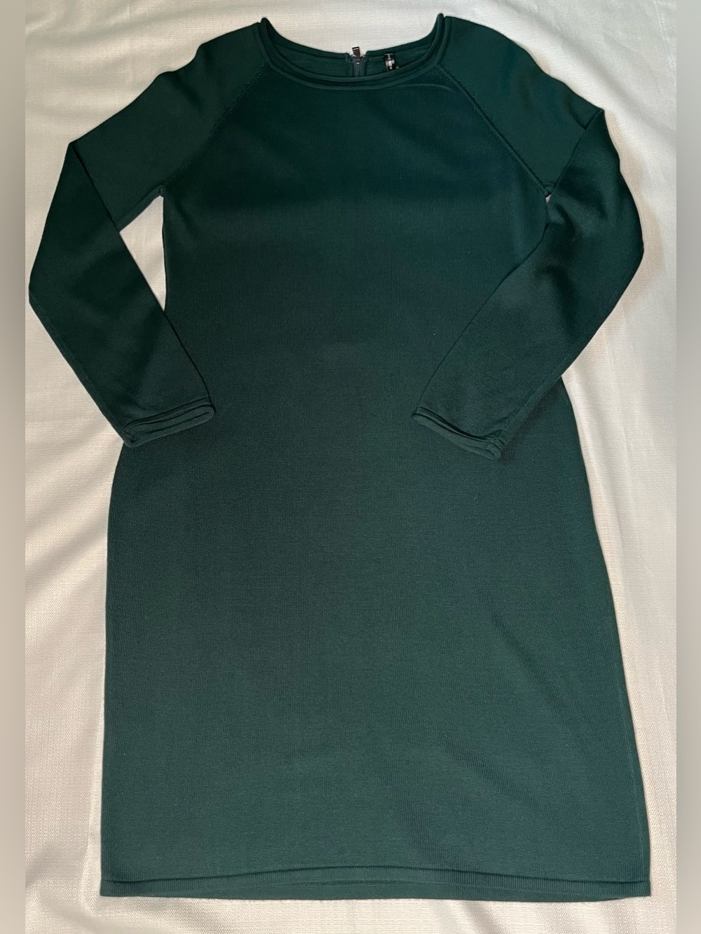 Andrew Marc Forest Green Knit Midi Dress Long Sleeve Quiet Luxury Minimalist